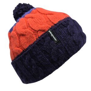 Patagonia Womens Wool Blend Ski Cap Beanie Knit Puff Pouf Blue Coral One Size
